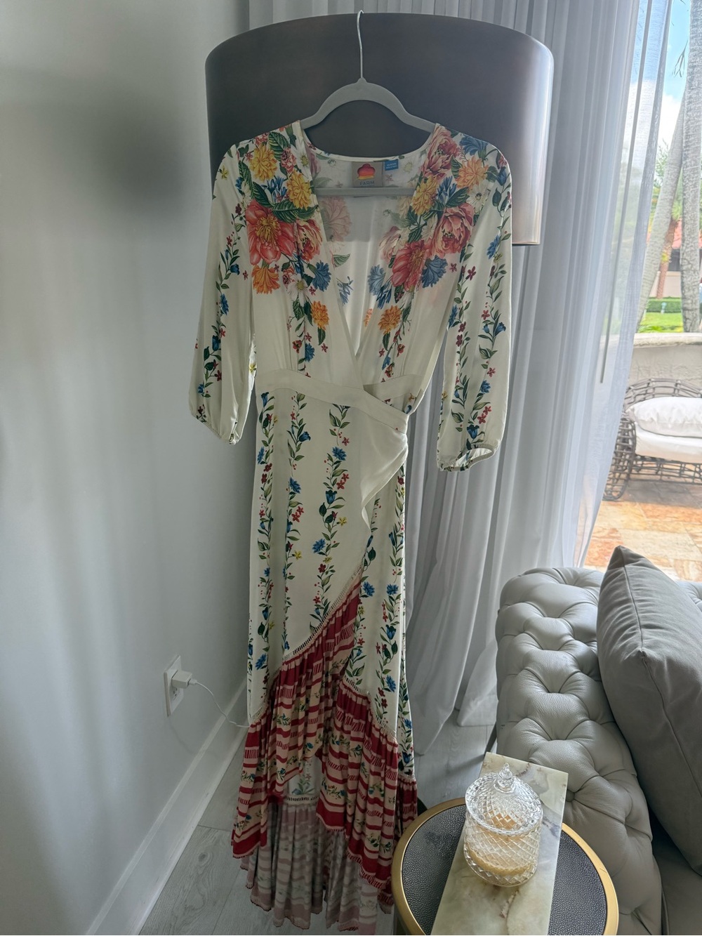 FARM Rio Cream Maxi Wrap Dress with Multicolor Floral Border